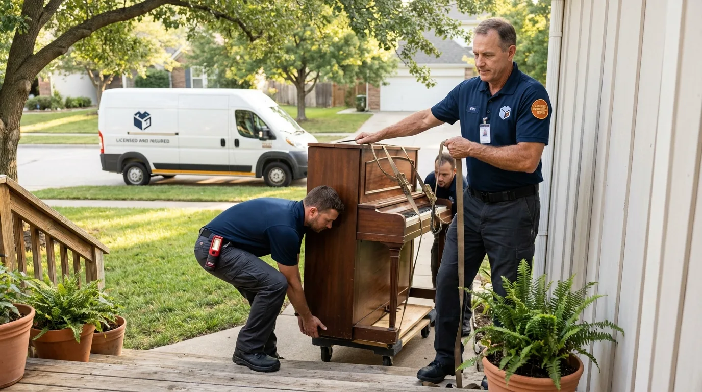 Licensed piano movers securing grand piano in Hammond, WI
